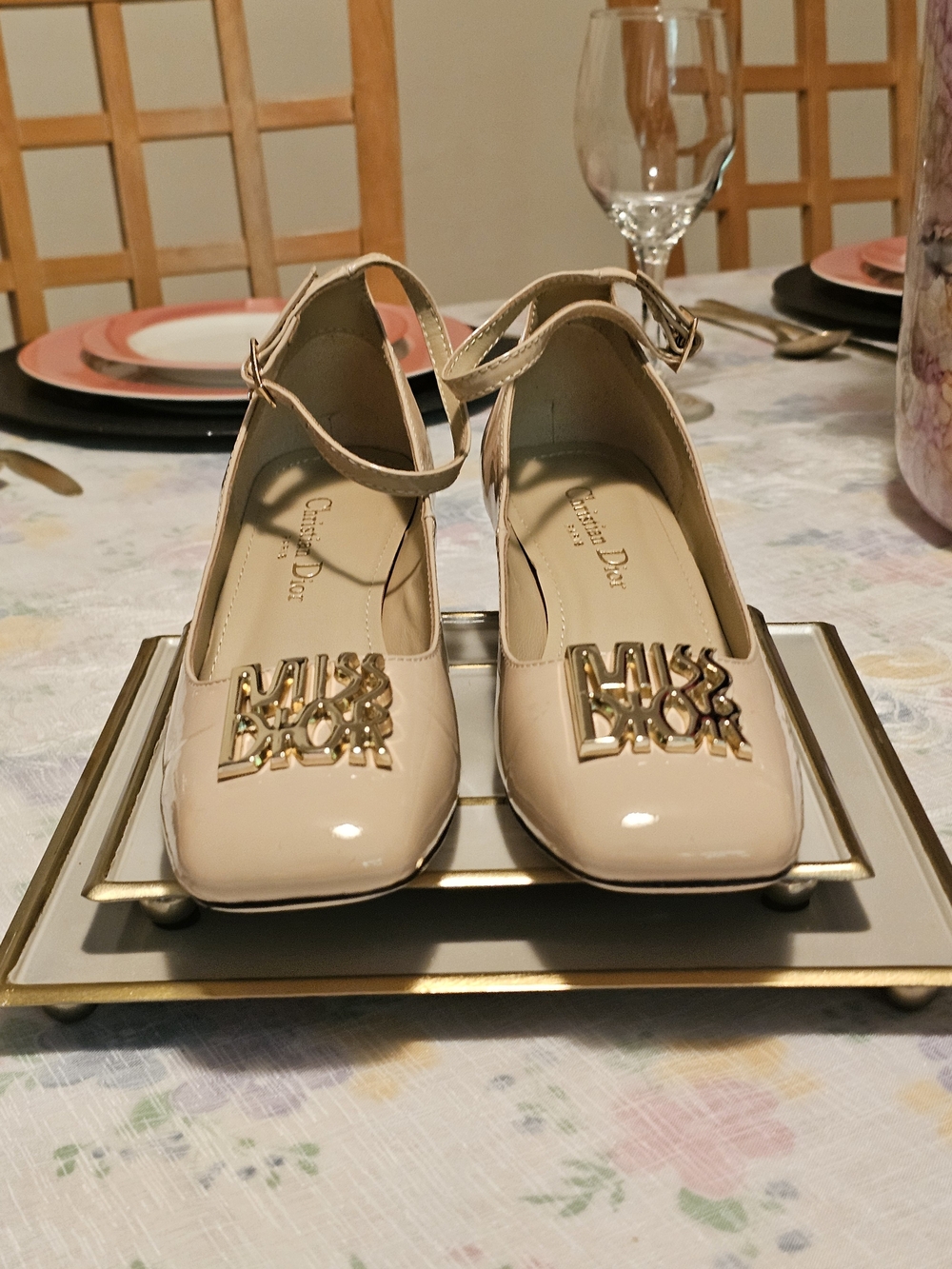 Dior Patent Leather Mary Jane Flats In Tan Color  with Gold Trim - Picture 3 of 4